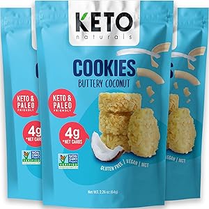 Keto Cookies Faster Fat Burn MCT - (Buttery Coconut) Low Carb Snacks food. Gluten Free Healthy Diabetic snacks Atkins Keto Friendly desserts. Zero Carb added High Fat Bomb Vegan Ketosis mini bites, Pack of 3 x 2.26oz.