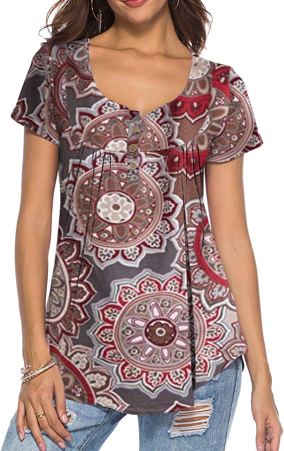 Ladies Short Sleeve V Neck T Shirts Floral Print Tunic Tops