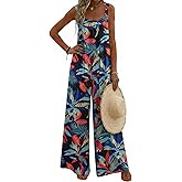 Ekouaer Women's Casual Overalls Boho Floral Loose Wide Leg Jumpsuits Summer Pleated Outfits with Pockets