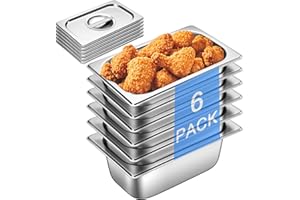 CHIEFINCH Hotel Pan With Lids 1/4 Size 4 Inch Deep Stainless Steel Chafing Dishes for Buffet, Steam Table Pan, Metal Commercial Food Pans for Food Prep/Catering/Food Serving (6 Pack, Half Size 1/4 x 4" Deep)