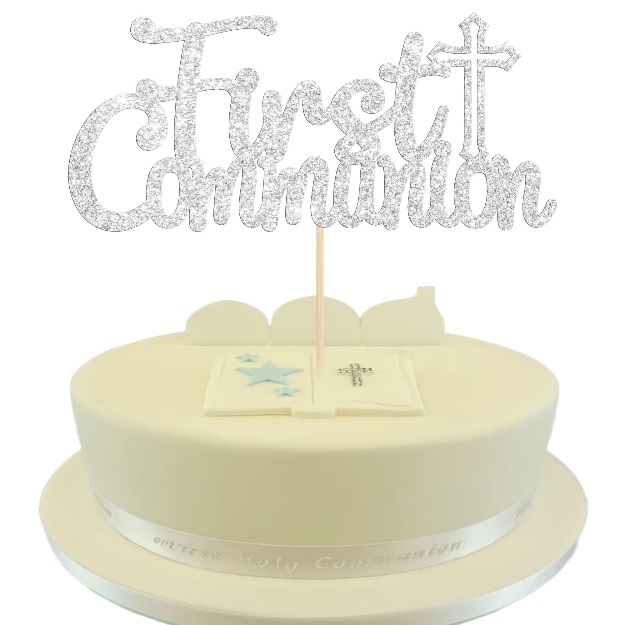 Gyufise 1Pcs Silver Glitter First Communion Cake Topper First Communion Cake Decoration for Kids God Bless Cake Topper Decorations