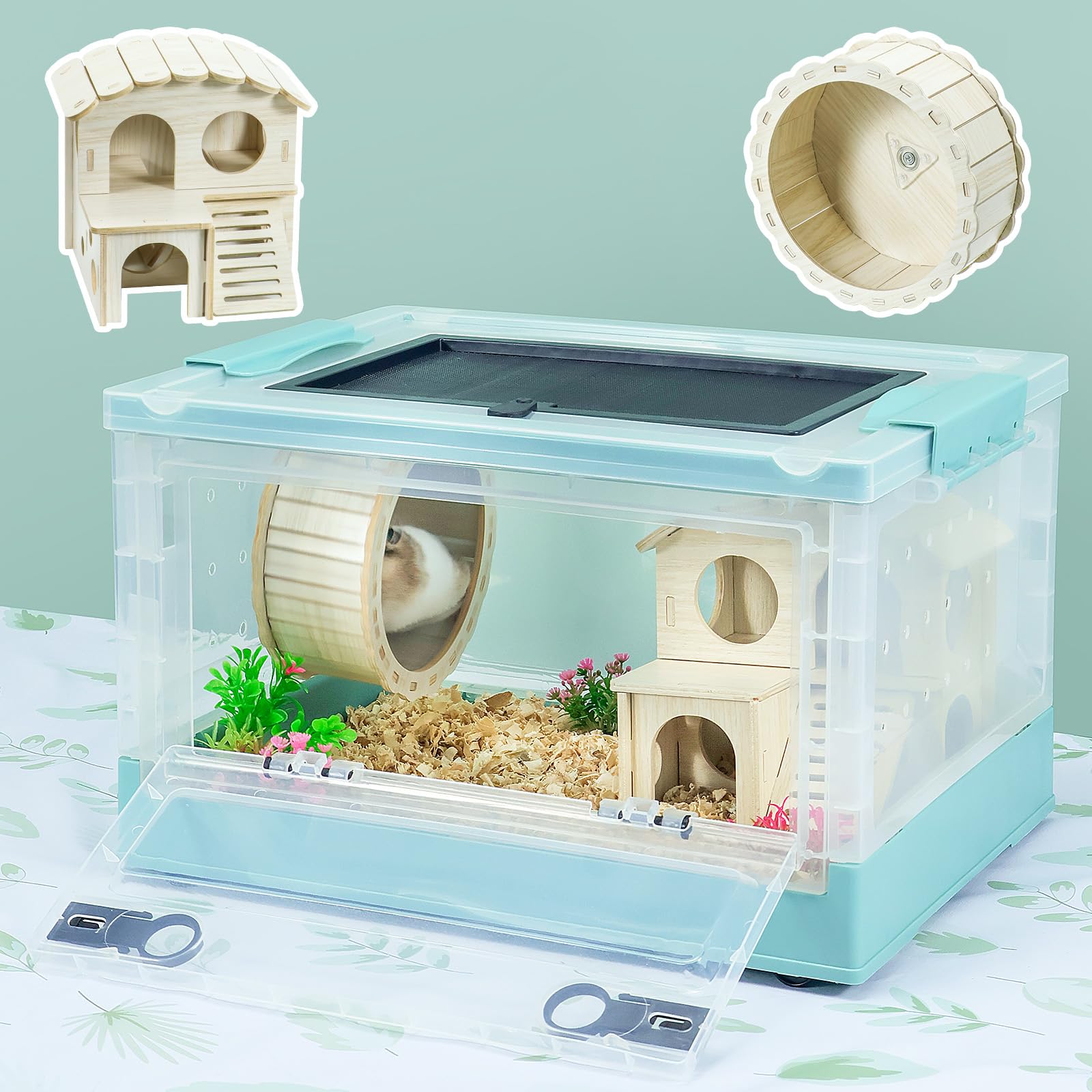 Photo 1 of Hamsters Cage Large, Foldable Portable 360° Viewing Ventilated Cages with Villas, Exercise Wheels, for Hamsters, Rats, Dwarf Hamsters, Gerbils, Guinea Pigs Blue 16" L x 12" W x 9.5" H