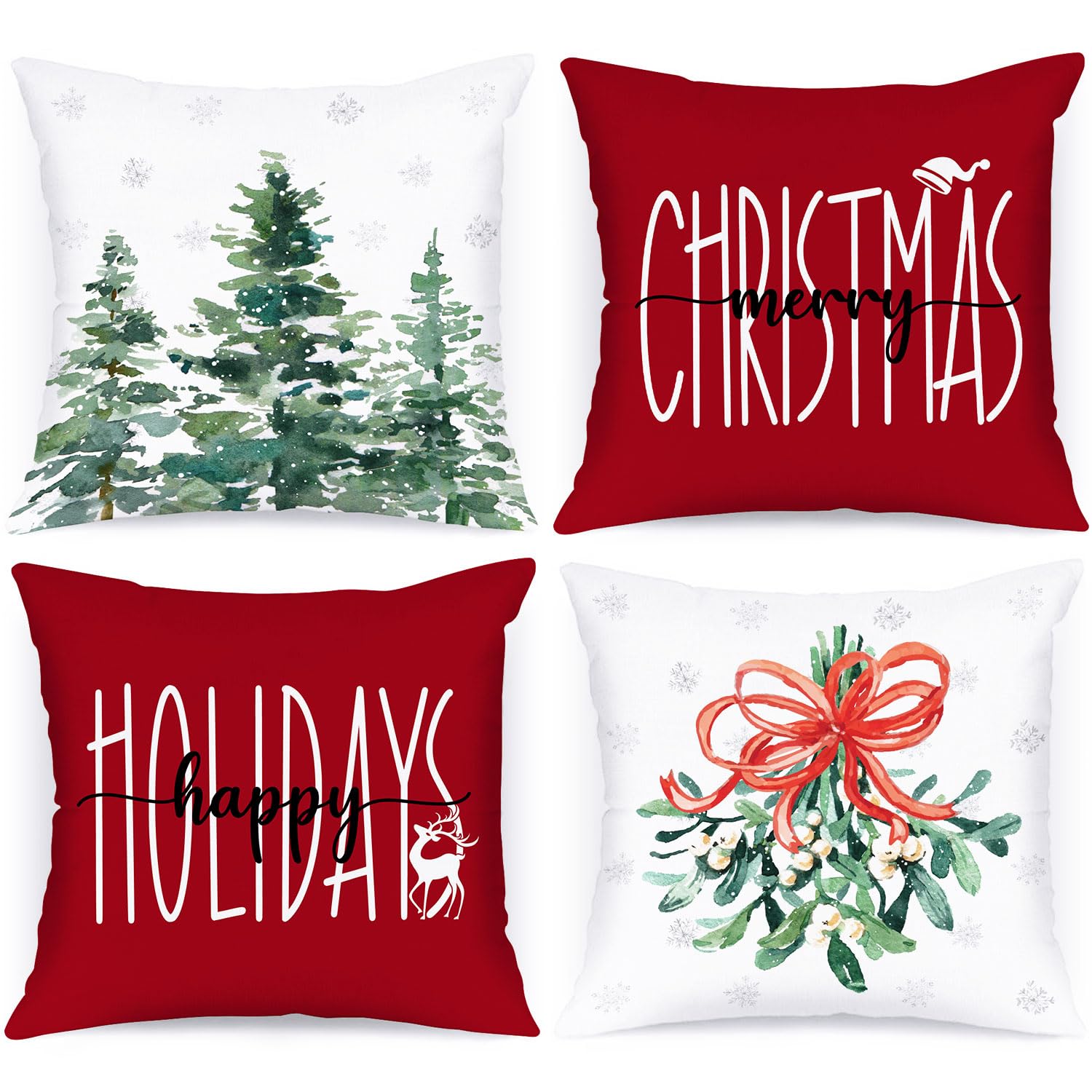 Lanpn 40x40 cm Christmas Cushion Covers Set of 4, Forest Oil Painting Decorative Holiday Pillow Covers 16x16 for Indoor Home Bedroom Sofa Couch Winter Decor Red