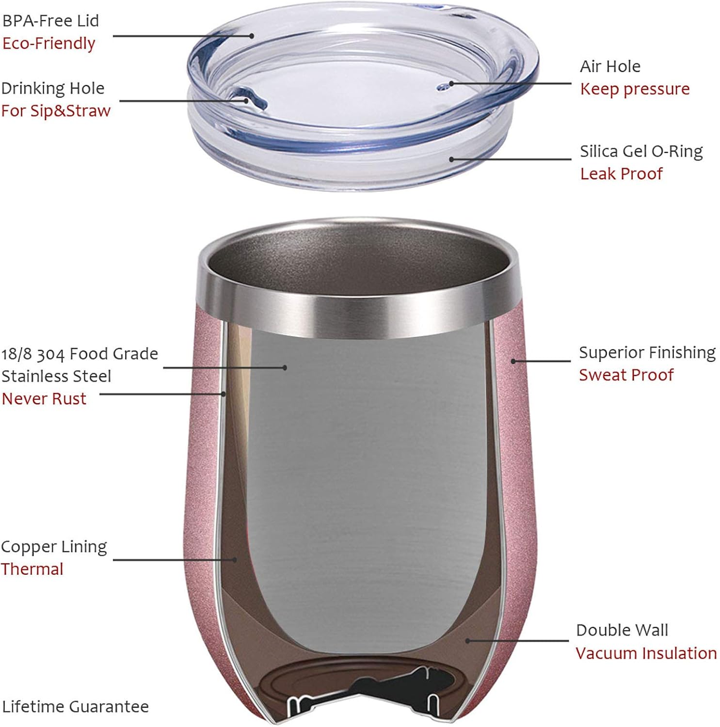  | SUNWILL Insulated Wine Tumbler with Lid Rose Gold, Double Wall Stainless Steel Stemless Insulated Wine Glass 12oz, Durable Insulated Coffee Mug, for Champaign, Cocktail, Beer, Office: Wine Glasses
