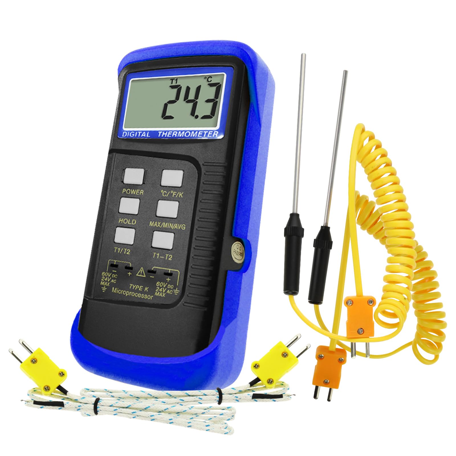 Dual Channel Thermocouple Thermometer Digital Temperature K Type Thermometer with 4 Probe (Wired & Stainless Steel) -50~1300°C (-58~2372°F) Range Temperature Meter Gauge