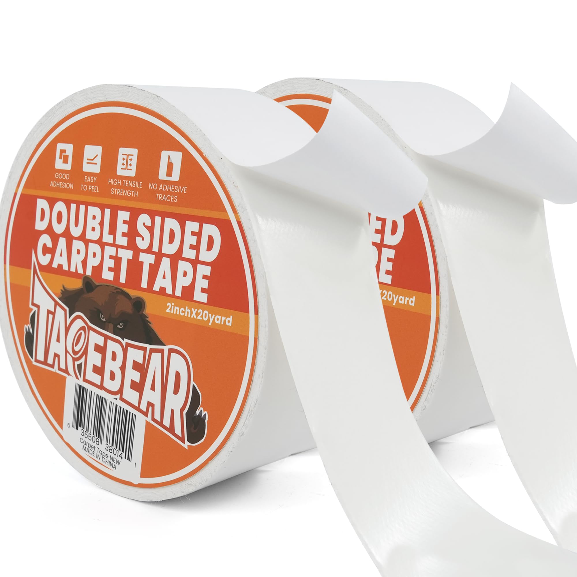 TAPEBEAR Heavy-Duty Double Side Carpet Tape, 2Rolls x 50mm x 18m Removable Carpet Tape for Area Rugs, Multipurpose Gripper Non Slip Tape for Wood Floor and Outdoor Rugs, Residue-Free, 2inch X 20yard