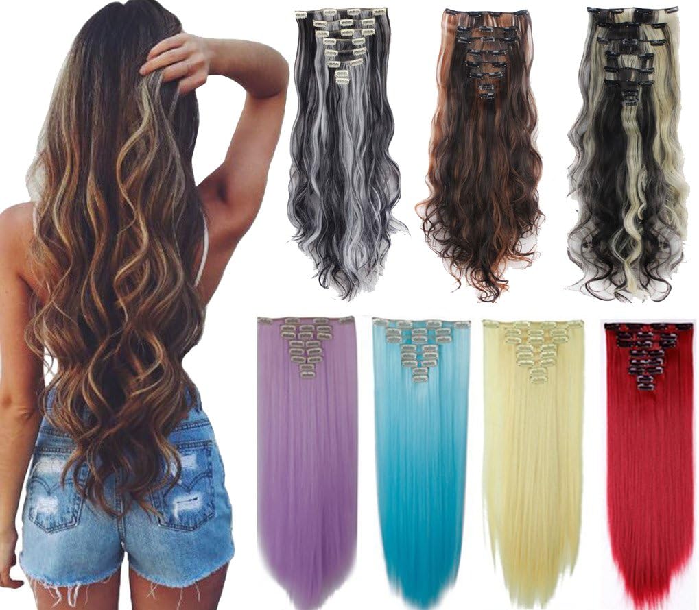 DODOING 8Pcs 18 Clips 17-26 Inch Curly Straight Full Head Clip In On Hair Extensions Women Lady Hairpiece