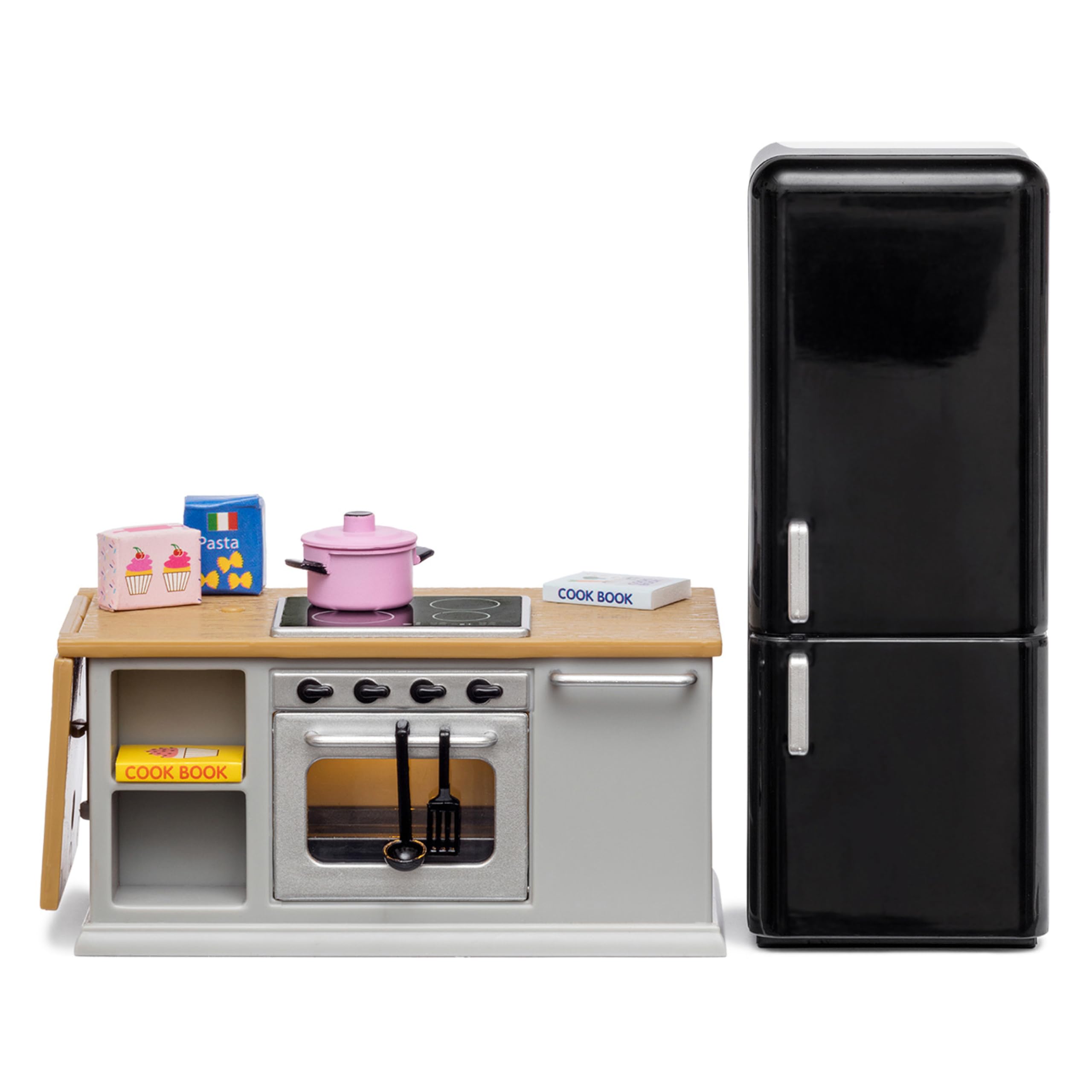 LUNDBY Dolls House Furniture Kitchen Island – Cooker + Fridge – 10-piece Doll House Accessories for 11cm Mini Dolls Age 4+ Scale 1:18
