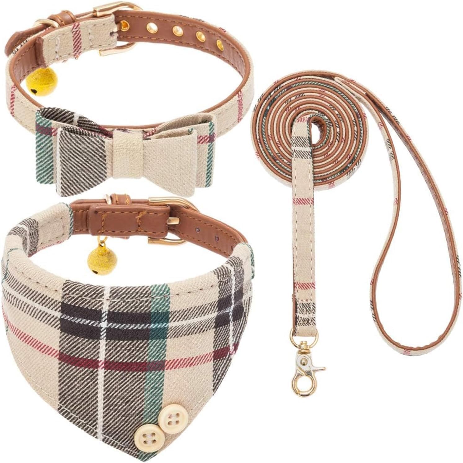 KOOLTAIL Dog Collar and Lead Set for Small Dogs with Bowtie and Bells - Puppy Collar and Lead Sets with Classic Plaid Matching Pattern, Soft Leather Tangle Free Leashes for Small Dogs Cats Boy Girl โ image 1
