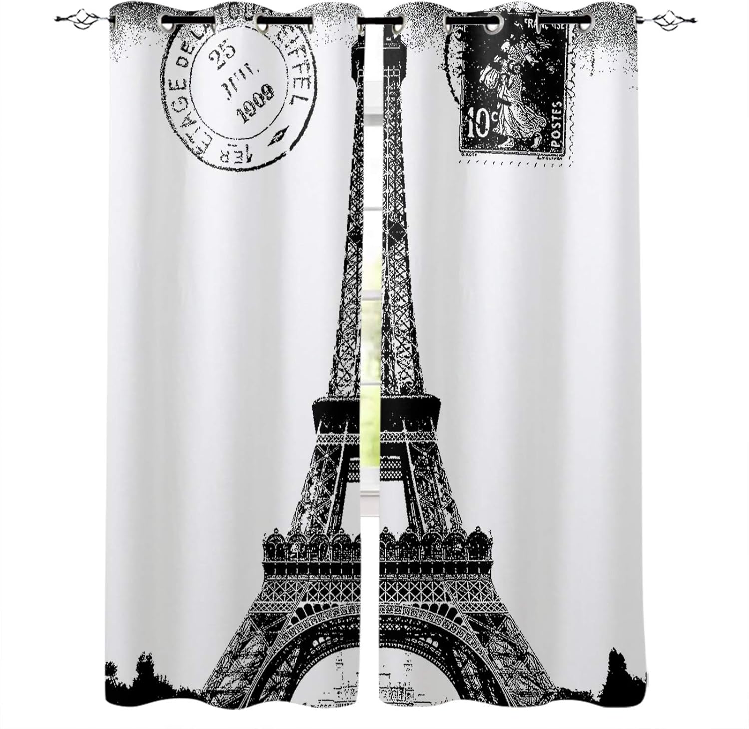 Home Decor Window Curtains, French Paris Eiffel Tower City of Love Black White Monochrome - 2 Panel Window Treatment Set with Grommet Window Drapes Covering for Kitchen Cafe Living Room 55