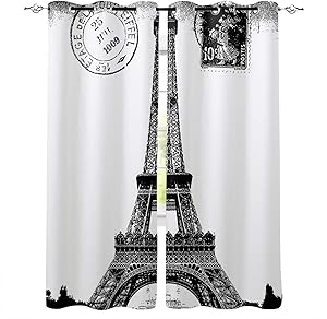 Home Decor Window Curtains, French Paris Eiffel Tower City of Love Black White Monochrome - 2 Panel Window Treatment Set with Grommet Window Drapes Covering for Kitchen Cafe Living Room 55