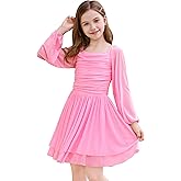 ODIZLI Kids Girls Mesh Long Sleeve Ruched Double Layered Ruffle A Line Party Dress Square Neck Fall Casual Tween Dresses