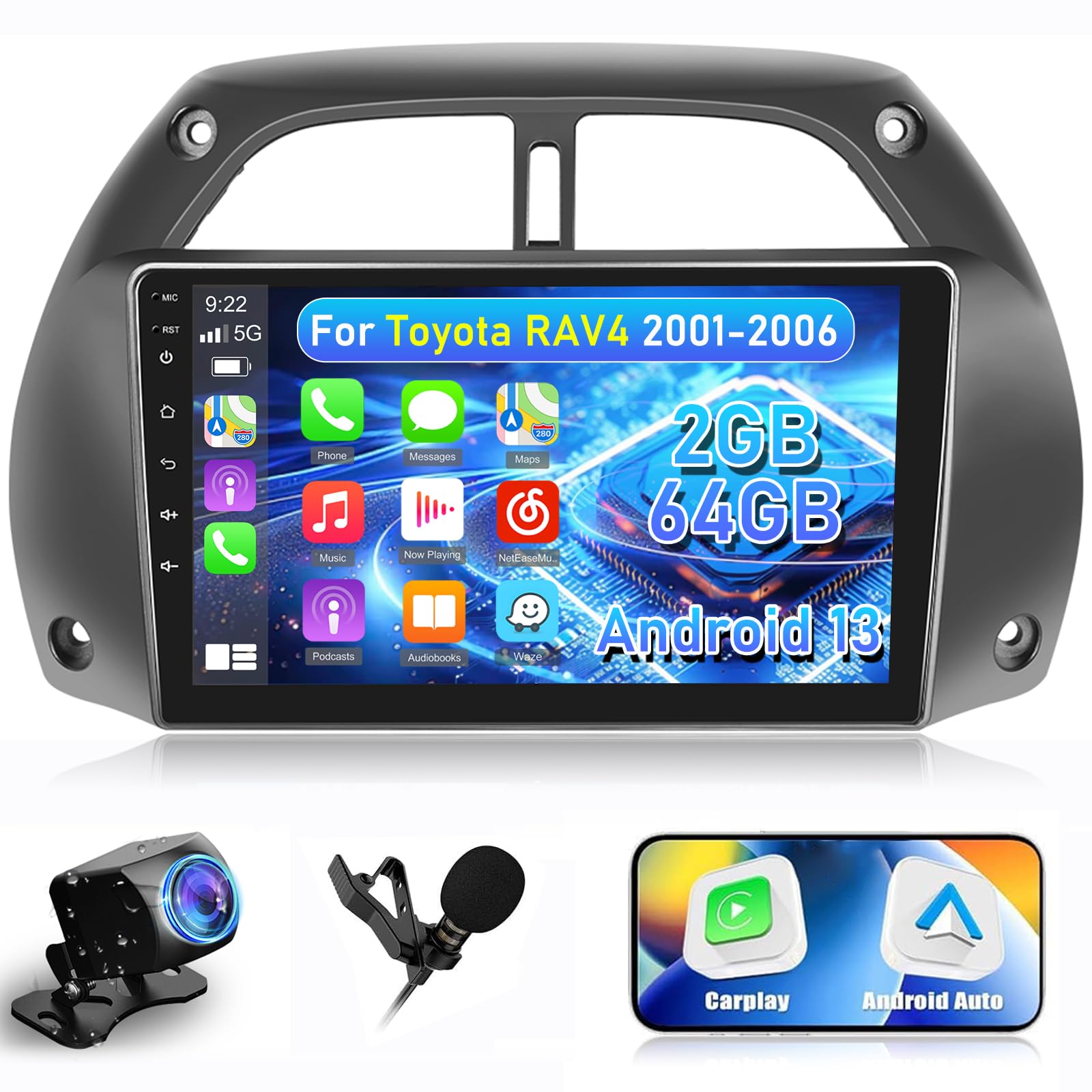 Photo 1 of [2+64G] Android 13 Car Stereo for Toyota RAV4 2001-2006 with Wireless Carplay and Android Auto - 9 Inch Touch Screen Car Radio - Mulitple UI Themes/WiFi/GPS Navigation/SWC + AHD Backup Camera