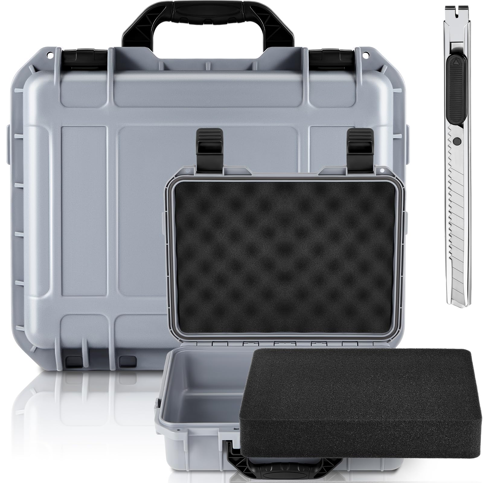 Photo 1 of Relaxweex 11.3 x 8.7 x 4.2 Inch Waterproof Hard Case with DIY Customizable Foam Insert Portable Protective Case with Knife for Camera Drones Equipments Tools Test Instruments (Gray)