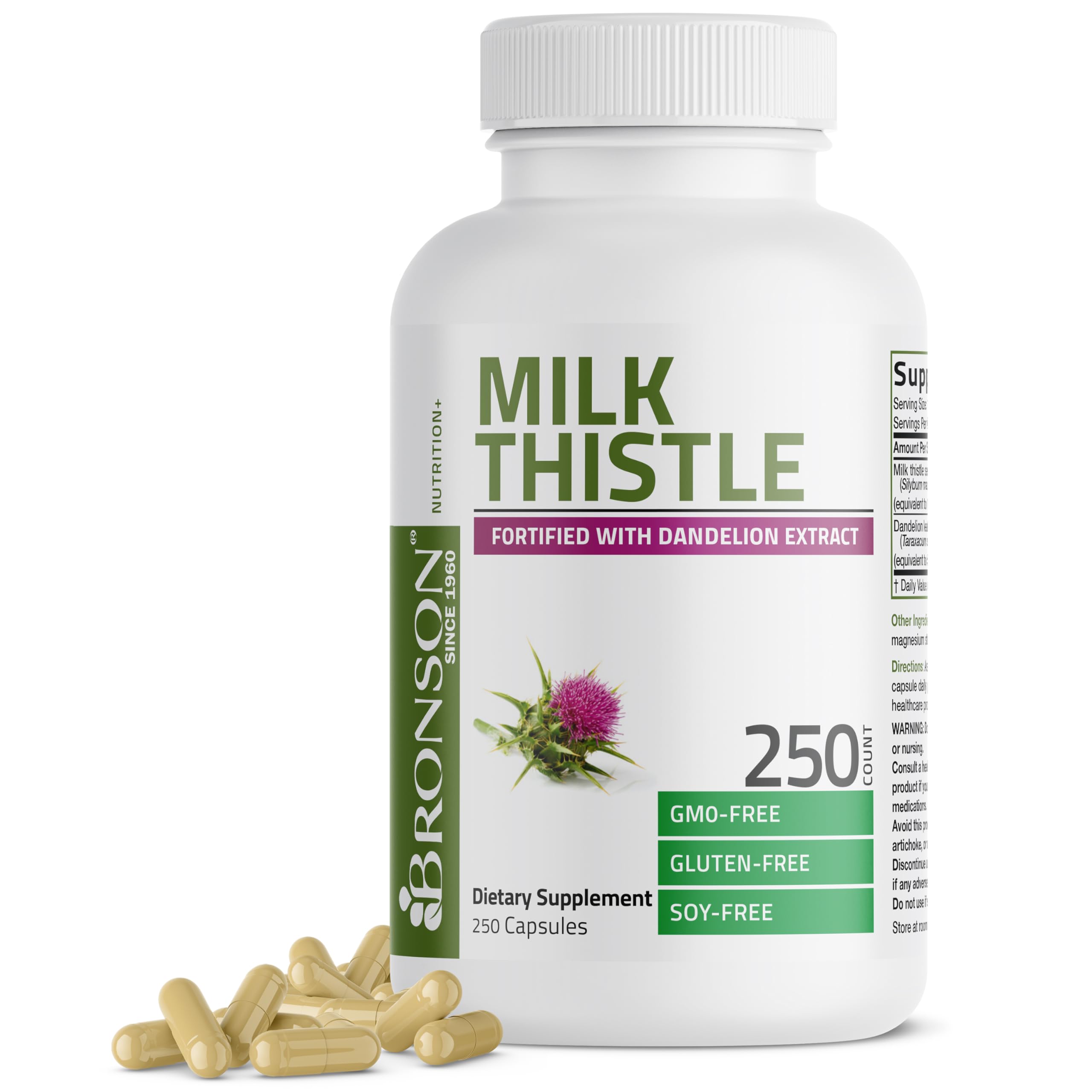 Bronson Milk Thistle Silymarin Marianum & Dandelion Extract, 250 Capsules
