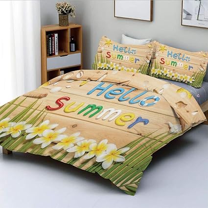 Juego de funda nórdica, cita de Hello Summer en tablero de madera con