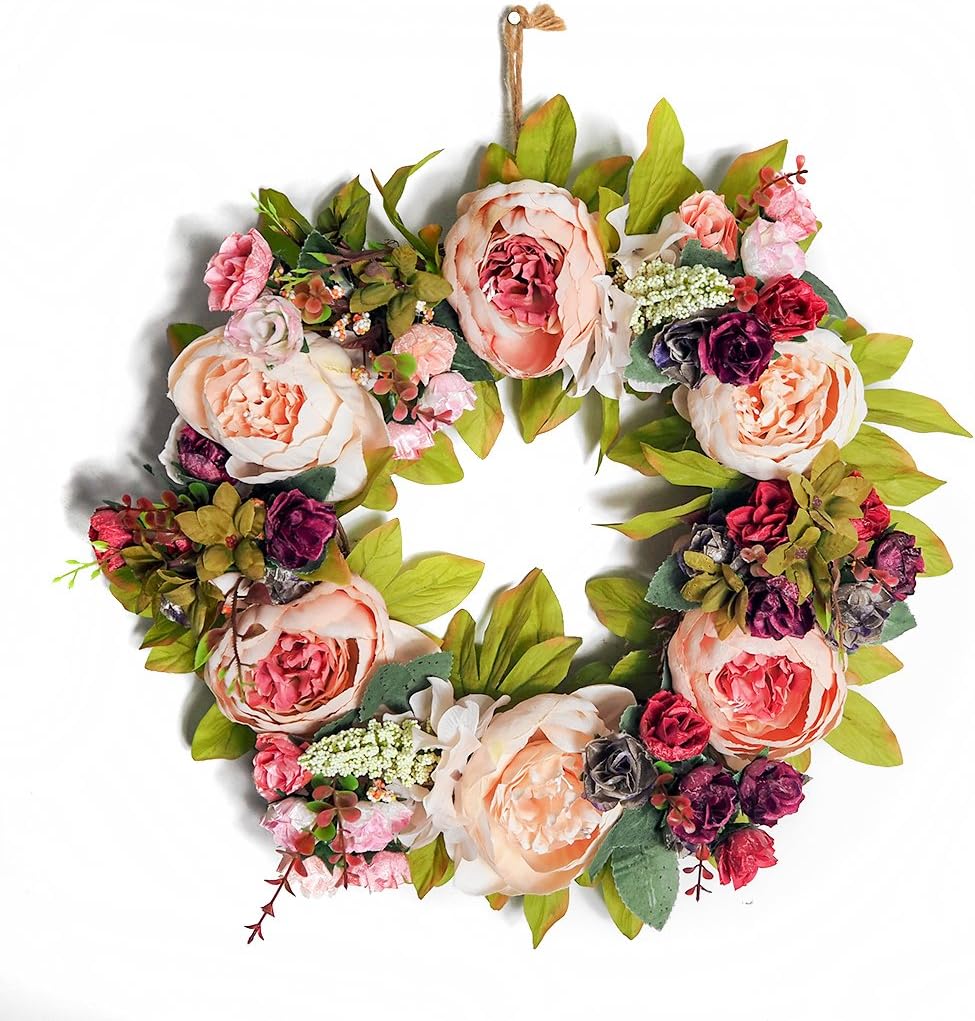 Emlyn Hand-Made Rattan Artificial Flower Garland Wreath 15 Inch for Home Church Wedding Decoration (Pink)