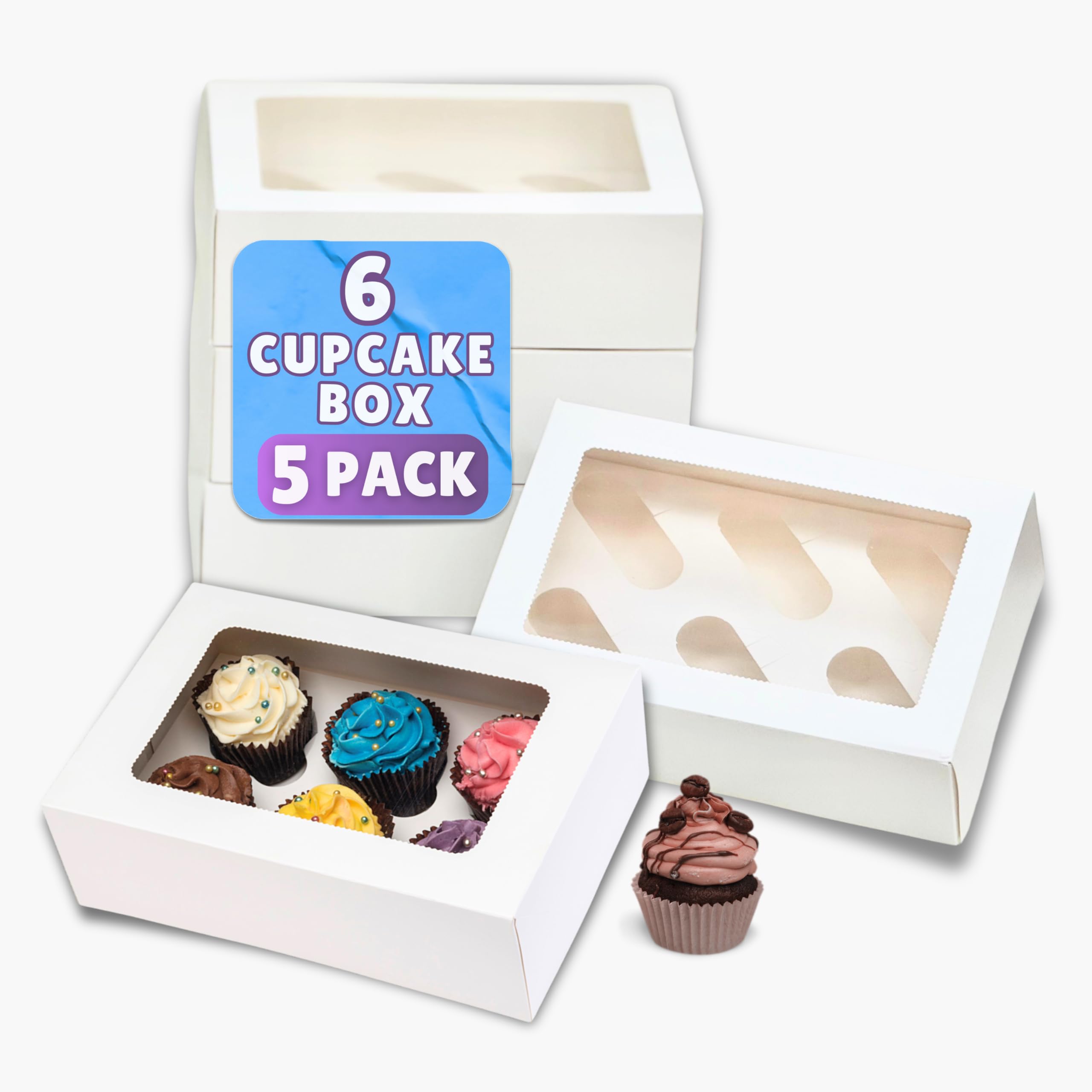PACK N TRADE 5 Pcs cupcake boxes 6 hole - Multifunction Inserts Deep cake boxes for cupcakes – White cup cake boxes (24 x 16 x 7.5 cm) with Clear Window - Ideal for Muffins, Cupcakes & Pastries