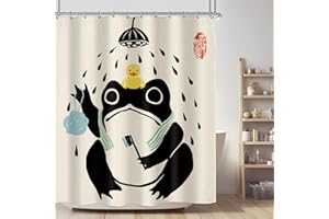 LGhtyro Funny Frog Shower Curtain Bathroom Set 60Wx71H Inches Asian Style Traditional Japanese Art Rubber Duck Cute Animal Bath Accessories Retro Black Beige Art Home Decor Fabric 12 Pack Hooks