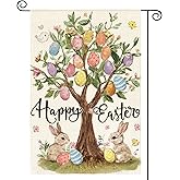 AVOIN colorlife Happy Easter Garden Flag 12x18 Inch Double Sided Outside, Easter Eggs Tree Bunny Holiday Yard Outdoor Flag