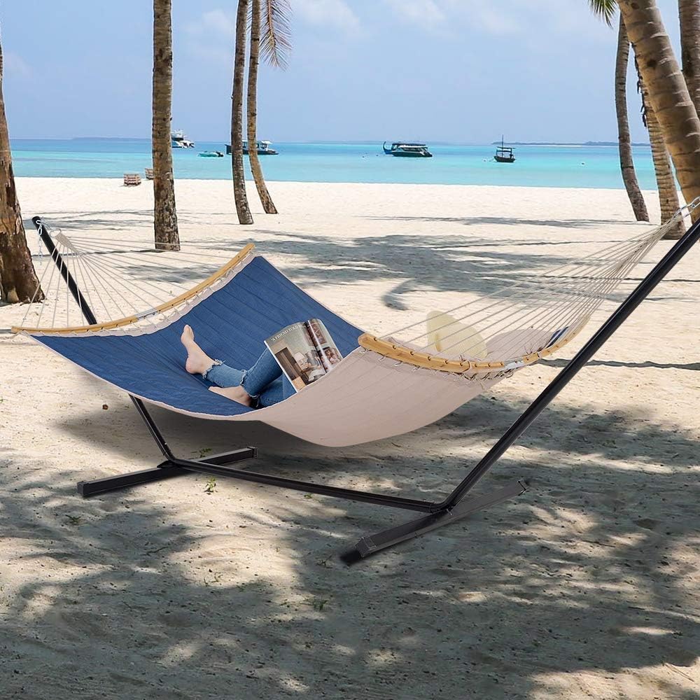 Patio Watcher 11 Feet Quilted Fabric Hammock with Curved-Bar Bamboo and Detachable Pillow, Double Hammock Perfect for Patio Yard Dark Blue : Garden & Outdoor
