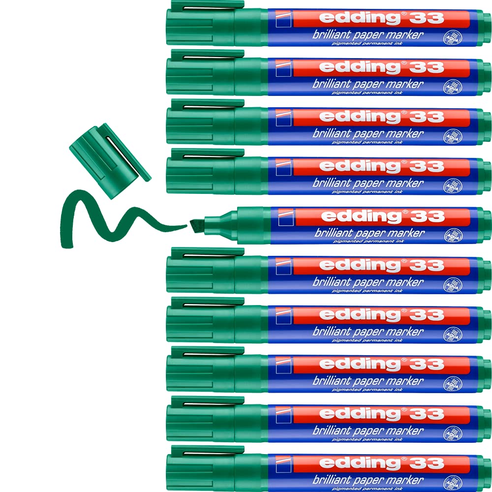 edding 33 brilliant paper marker - green - 10 waterproof permanent markers - chisel nib 1-5 mm - vibrant colours - lightfast marking on paper, card, cardboard, plastic, metal and glass