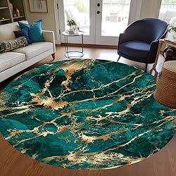 Marble Texture Emerald Green Gold Round Area Rug