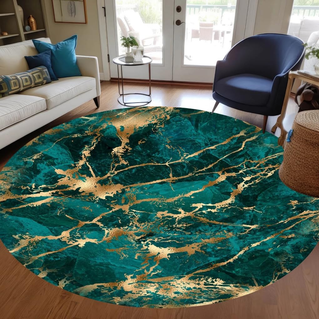 Marble Texture Emerald Green Gold Round Area Rug