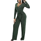 LightlyKiss Women's casual sexy V-neck sparkling jumpsuit long sleeve loose jumpsuits Fashion Club party Rompers with belt