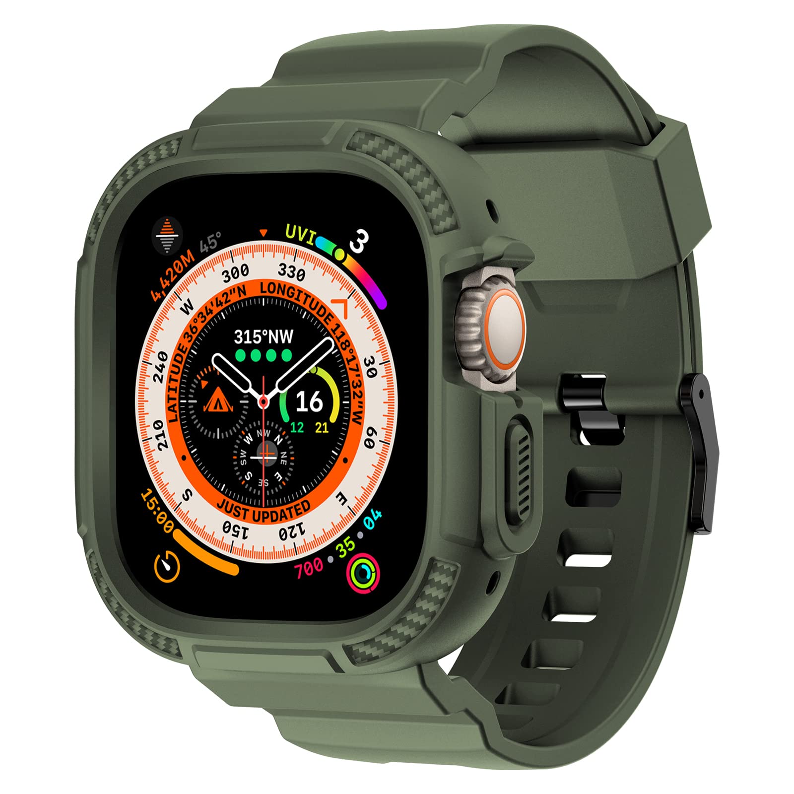 OROBAY Rugged Band Compatible with Apple Watch Ultra 3/2/1 Band 49mm with Case, Shockproof Strap for iWatch Ultra 3/2/1 with Bumper Case Cover Men Women, Green