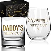 Daddy's Sippy Cup Whiskey Glass & Mommy's Sippy Cup Wine Glass, Funny Parents Gifts from Daughter Son Kids, Wine Gift for Expecting Father Mother Gag Gift for Father’s Day Mother's Day Birthday