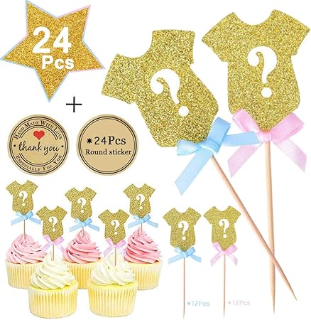 24 Pack Glitter Gender Reveal Cupcake Toppers Gender Reveal Baby