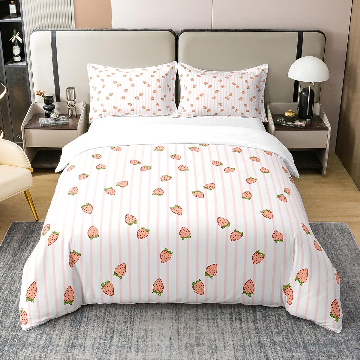 Strawberry 100% Cotton Duvet Cover Set King Size Girls Kawaii Strawberry Print Bedding Set for Kids Teens Pink Stripe Comforter Cover Set Breathable Cute Fruit Bedspread Cover Room Decor Quilt Cover