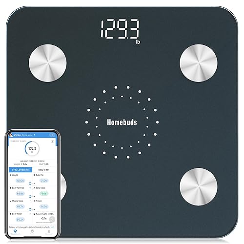 Homebuds Bathroom Scales for Body Weight, High Precision Assured by Weighing Scales Professional Factory SINCE 2001, App Sync 13 Body Composition including BMI and Body Fat, 400lb/28st, LED, Blue