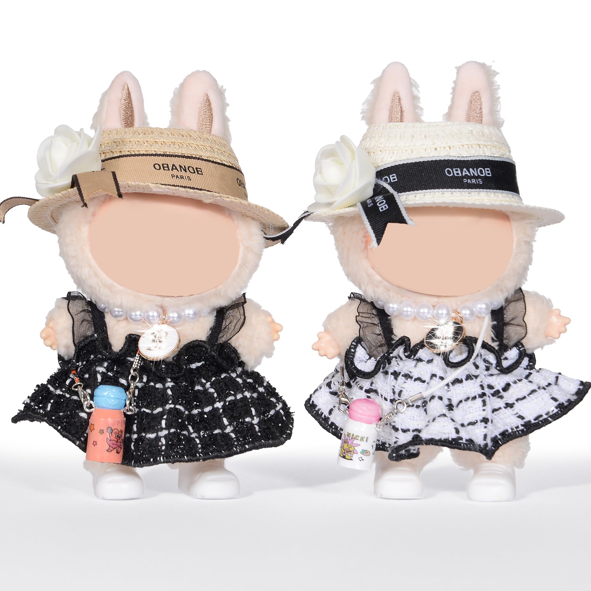 2 Set Chic Style Doll Dress Clothes and Accessories for 17cm Dolls: 2 Hat, 2 Necklace, 2 Dress, 2 Shoes, 2 Water Bottle (Doll Not Included)