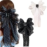 Jaczora 2 PCS Chiffon Silk Hair Clip with Rhinestone, Large Hair Jaw Clips, Fabric Floral Bows Hair Accessories for Women Girls