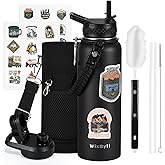 WixByti 40 oz Insulated Water Bottle with Straw (Cold for 48 Hrs), Stainless Steel Triple Wall Vacuum Sports Water Jug, Leakproof Hydro Cup Flask with Paracord Handle & Straw Spout Lids & DIY Stickers
