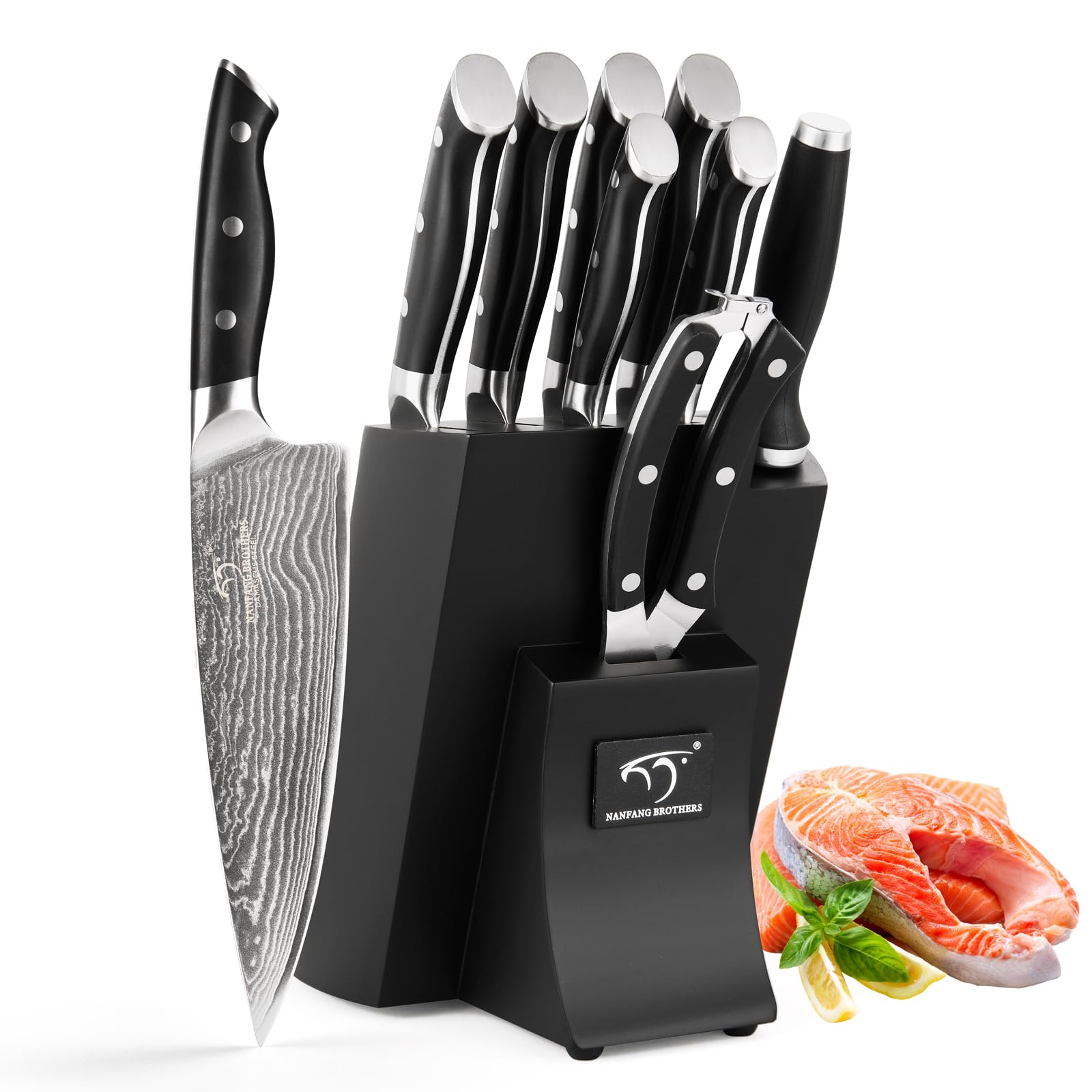Photo 1 of NANFANG BROTHERS Knife Set, 9 Pieces Damascus Kitchen Knife Set with Block, ABS Ergonomic Handle for Chef Knife Set, Knife Sharpener and Kitchen Shears, Knife Block Set