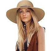 Senker Fashion Sun Hats for Women, Wind Lanyard Wide Brim Straw Hat for Summer Beach Garden Vacation Foldable UPF 50+