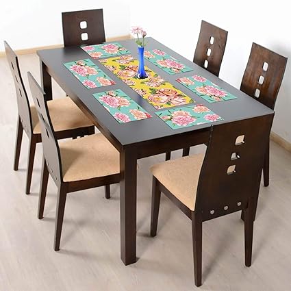 YaYa Cafe Floral Flower Tempting Printed Table Runner with 6 Table Mats for Dining Table