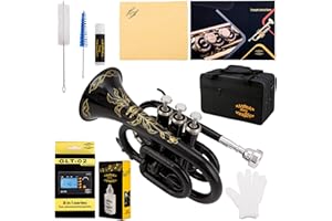 Glory Bb Pocket Trumpet with Case, Tuner, Cleaning Cloth, Gloves, Black