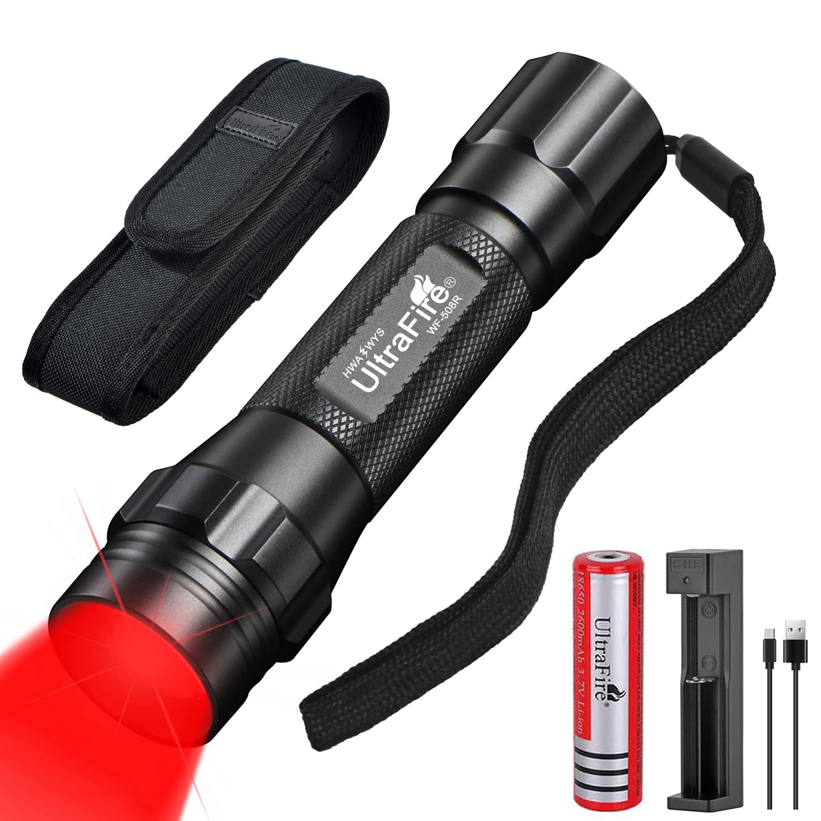ULTRAFIRE Red Light LED Torch 620-630nm Zoomable Red Hunting Torch with Holster, Single Mode Small Red Hunting Light for Night Vision, Astrophotography, Night Fishing