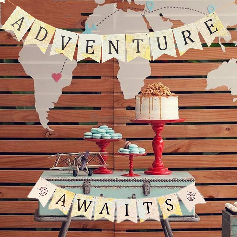 JeVenis Adventure Awaits Banner Bon Voyage Travel Theme Banner World Map Travel Themed Baby Shower Vintage Atlas Map for Bridal Shower Graduation Party Moving Party