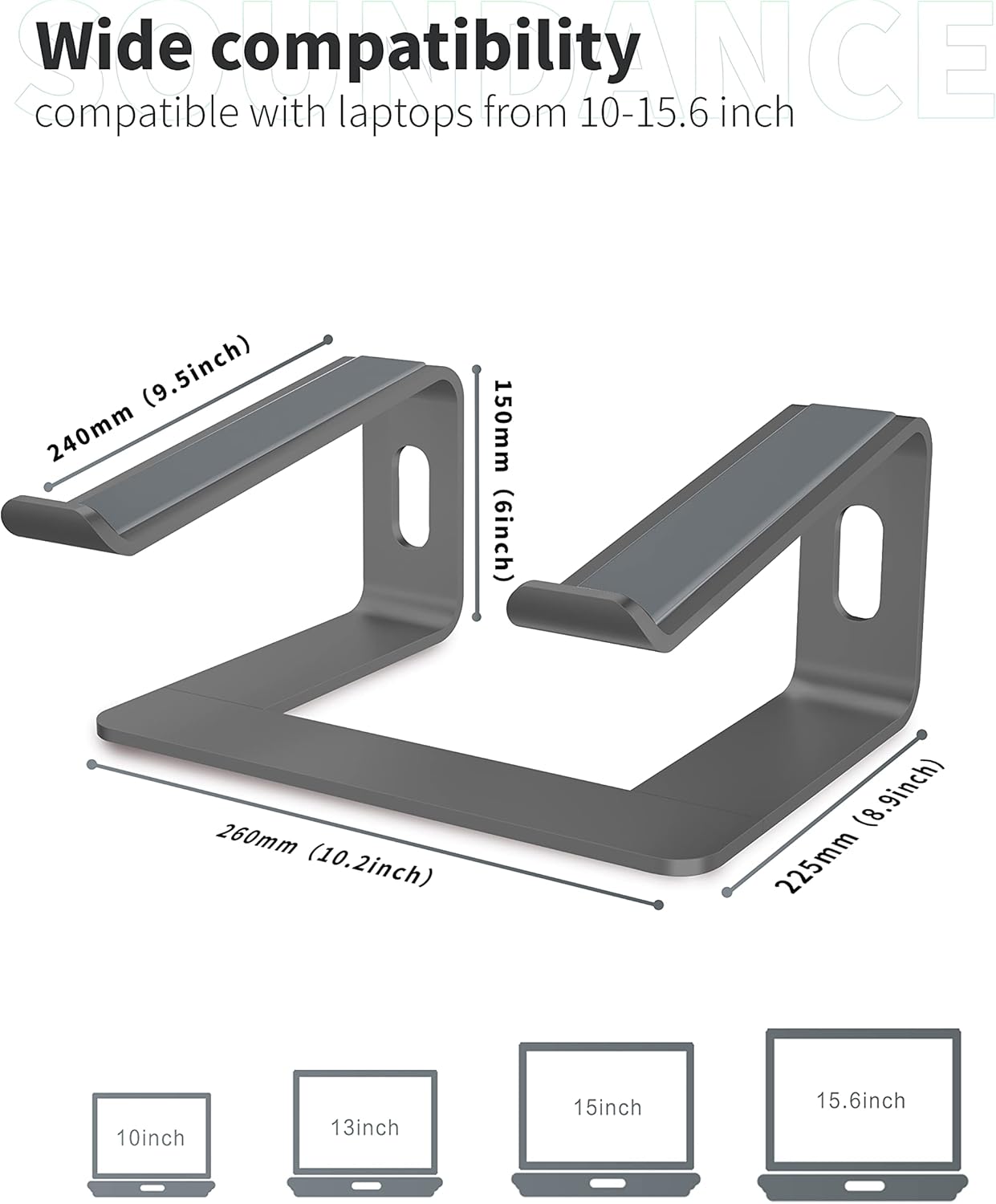 Soundance Laptop Stand, Aluminum Computer Riser, Ergonomic Laptops Elevator for Desk, Metal Holder Compatible with 10 to 15.6 Inches Notebook Computer, Grey: Office Products