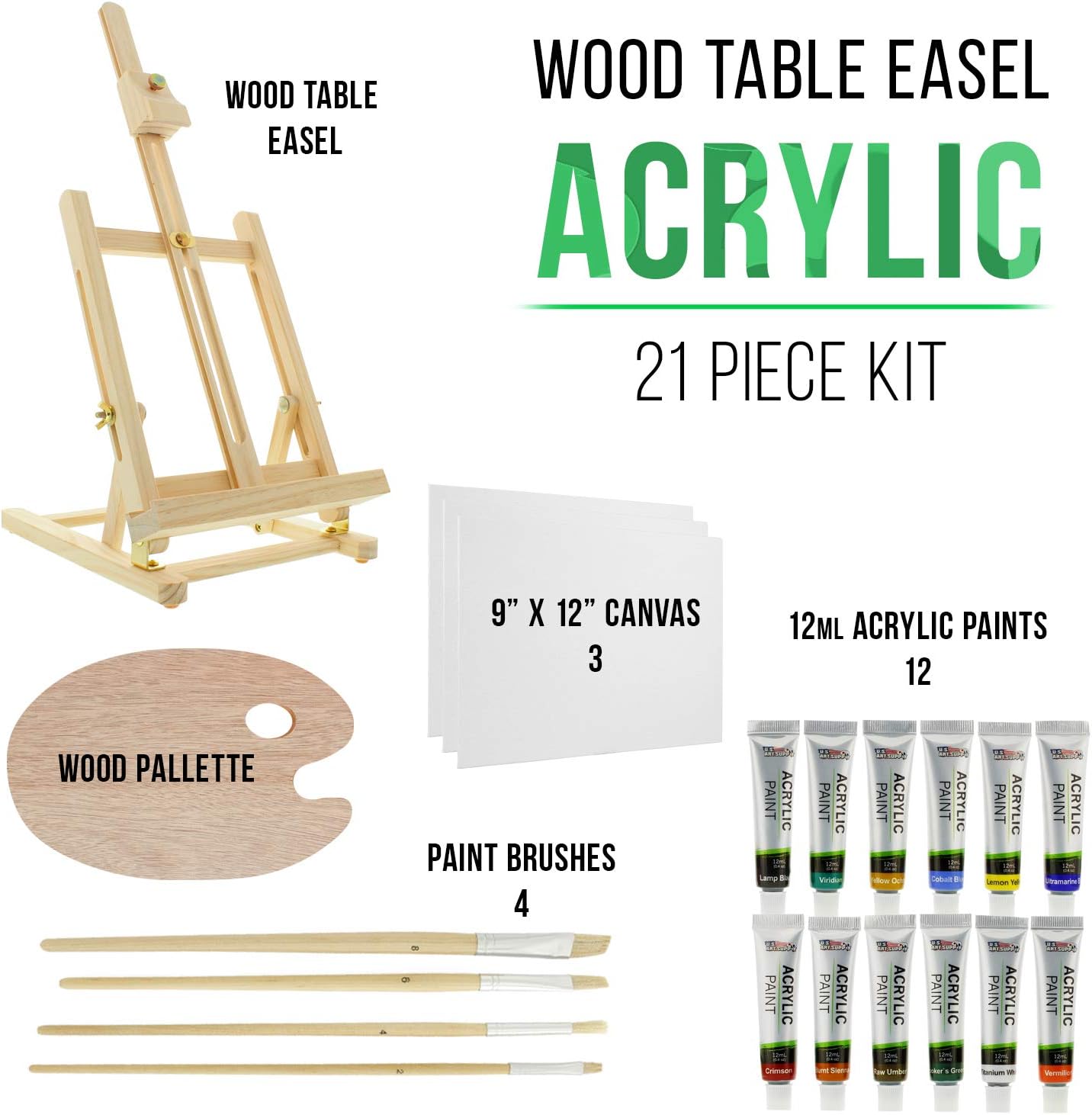 US Art Supply 21-Piece Wood Studio Table Easel & Paint Box Set with 12 Paint Colors, Canvas Panels, Brushes, Wood Palette (Acrylic Paint Kit)