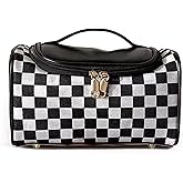 Vintage Makeup Bag for Women Portable Retro Checkered Pattern Cosmetic Organizer Patchwork Style Pillow Storage Pouch Skincare Storage Bag Large Capacity Elegant Handheld Waterproof Handbag (Black)