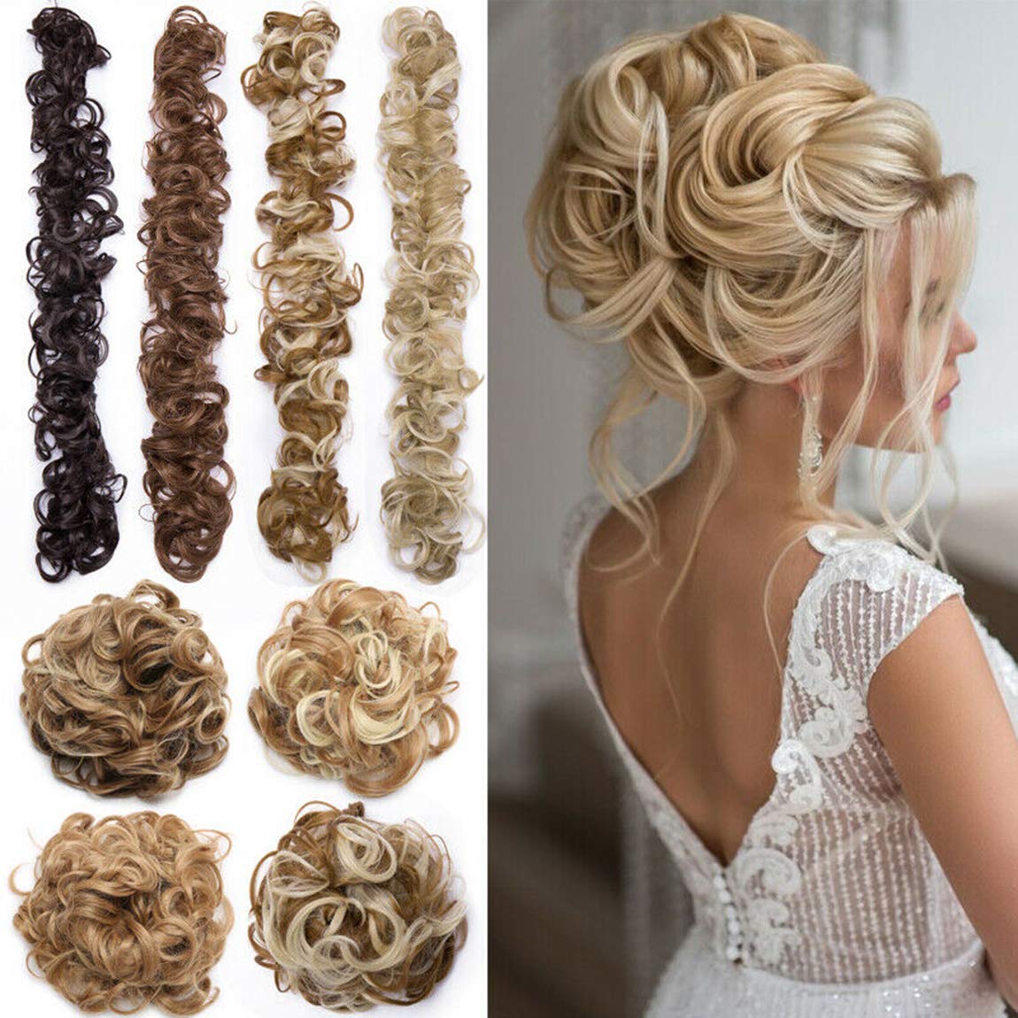 Scrunchy Hair Extension Updo Clip in Bun Donut Hairpiece Drawstring Wrap Around Hair Extension Messy Wavy Curly Chignons Wig Dark Brown