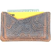 JJNUSA Handmade Leather Business Card Case Holder for Men & Women Minimalist Leather Wallet Card Holder Distressed Gifts Flower brown