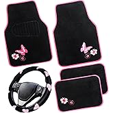 FuWeave 5 Pcs Pink Butterfly Flower Car Floor Mats and Steering Wheel Cover Accessories Universal 15 in Embroidery Butterfly Steering Wheel Cover Car Mats for Women 95% Automotive SUV Sedans Van