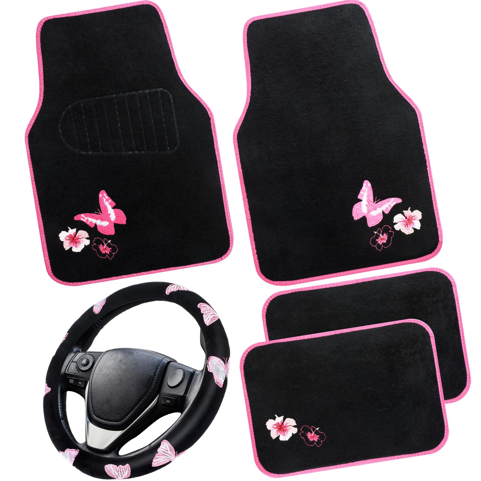 Photo 1 of FuWeave 5 Pcs Pink Butterfly Flower Car Floor Mats and Steering Wheel Cover Accessories Universal 15 in Embroidery Butterfly Steering Wheel Cover Car Mats for Women 95% Automotive SUV Sedans Van